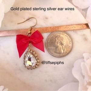 Handmade Red Bow Sparkly Teardrop Dangly Earrings NWT